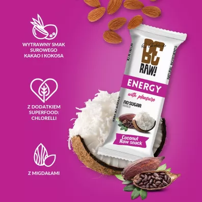 BeRaw Batony energy - surowe kakao, kokos Zestaw 6 x 40 g