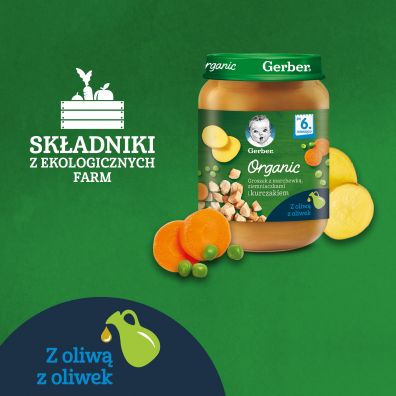 Gerber Organic Obiadek groszek z marchewk ziemniakami i kurczakiem dla niemowlt po 6 miesicu 190 g Bio