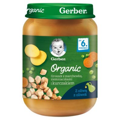 Gerber Organic Obiadek groszek z marchewk ziemniakami i kurczakiem dla niemowlt po 6 miesicu 190 g Bio