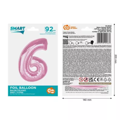 Godan Balon foliowy cyfra 6 jasnorowa Smart 92cm