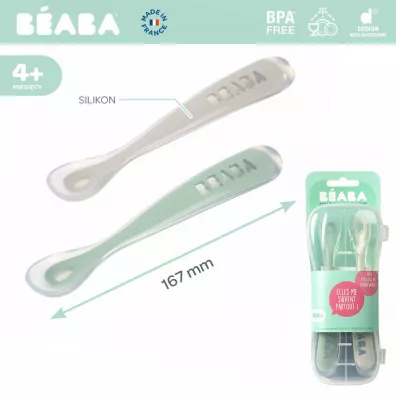 Beaba Zestaw yeczek silikonowych w podrnym etui 4 m+ Sage Green 2 szt.