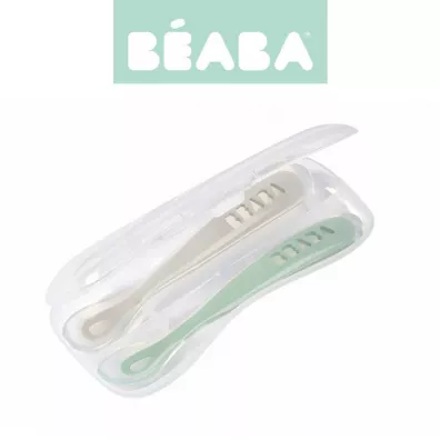 Beaba Zestaw yeczek silikonowych w podrnym etui 4 m+ Sage Green 2 szt.