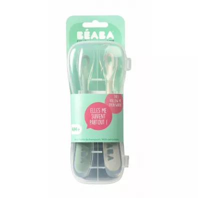 Beaba Zestaw yeczek silikonowych w podrnym etui 4 m+ Sage Green 2 szt.