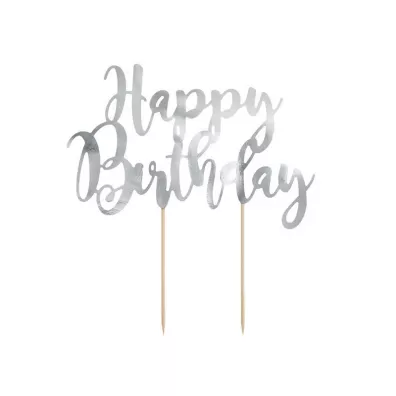 PartyDeco Topper na tort Happy Birthday srebrny 22.5 cm