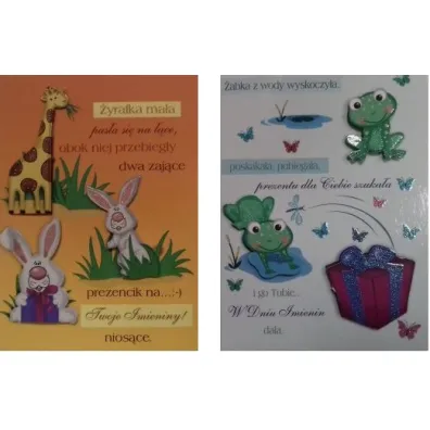 Karnet B6 Imieniny dzieci�ce z doklejk� i brokatem mix 2 wzor�w