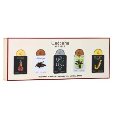 Lattafa Zestaw Pride Tharwa Silver Woda perfumowana + Eternal Oud Woda perfumowana + Ishq Al Shuyukh Gold Woda perfumowana + Natural Oud Woda perfumowana 5 x 20 ml