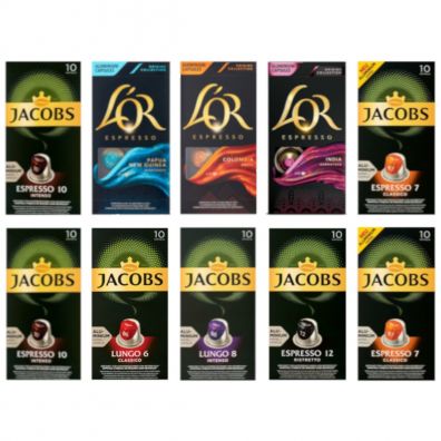 Jacobs Zestaw Kawa mielona w kapsukach mix: Espresso Ristretto, Classico, Intenso, Papua, Colombia, India + Lungo Intenso, Classico 100 x 5,2 g