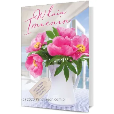 Pan Dragon Karnet B6 Imieniny r�owe kwiaty w bia�ym wazonie K.B6-1851