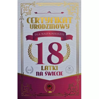 Yeku Karnet Certyfikat Urodzinowy 18 urodziny damskie