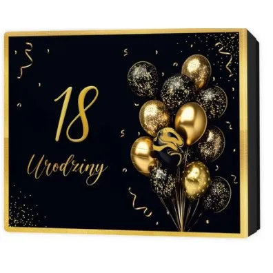 Pude�ko prezentowe 18 urodziny, czarne i z�ote balony (22,5x17,5x4cm)