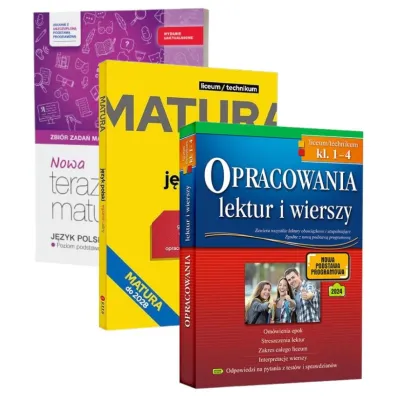 Pakiet Matura 2026: Nowa Teraz matura. J�zyk polski. Zbi�r zada� maturalnych. Matura pisemna. Poziom podstawowy i rozszerzony, J�zyk polski. Egzamin ustny. Repetytorium maturalne, Opracowania lektur i wierszy