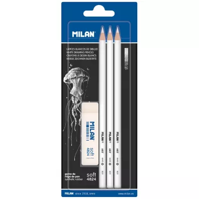 Milan Bia�e o��wki z grubym w�glowym grafitem + gumka 3 szt.