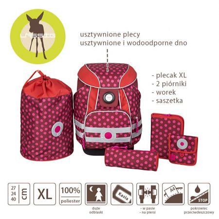 Lassig Plecak szkolny XL ze sztywnymi plecami, 2 pirnikami, workiem i saszetk Dottie red