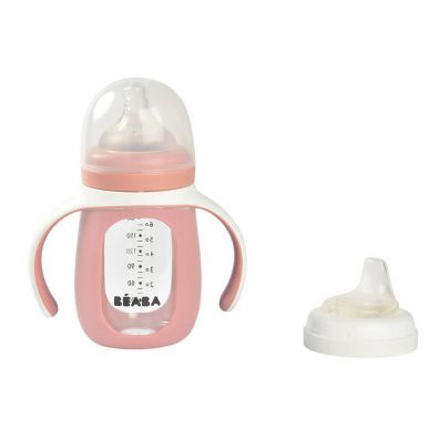Beaba Szklana butelka treningowa w silikonowej osonce 2w1 Old pink 210 ml