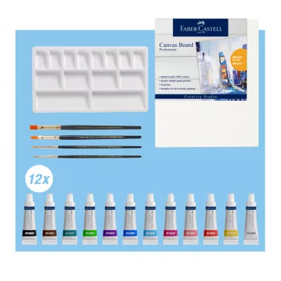 Faber-Castell Zestaw do malowania akrylami: 12 kol. farb 9ml + 4 p�dzelki + p��tno 20 x 25 cm + paletka