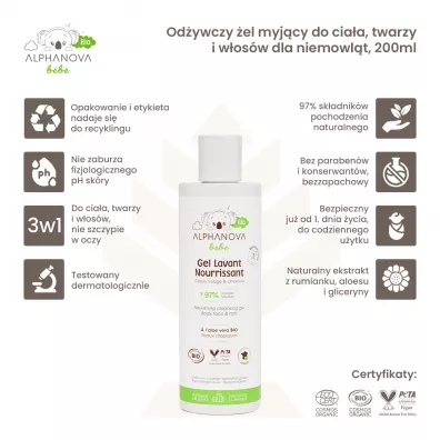 Alphanova Bebe Bio, Od�ywczy �el myj�cy do cia�a, twarzy i w�os�w dla niemowl�t 200 ml
