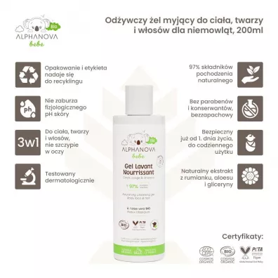 Alphanova Bebe Bio, Od�ywczy �el myj�cy do cia�a, twarzy i w�os�w dla niemowl�t 200 ml