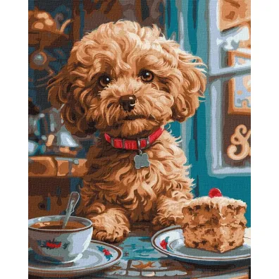 Ideyka Malowanie po numerach - Maltipoo w kawiarni 40x50cm