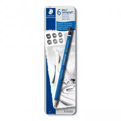 Staedtler Owki szecioktne Mars Lumograph, 8B do B, metalowe pudeko 6 szt.