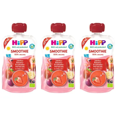 Hipp Smoothie Mus z owoc�w i sok�w po 1. roku jab�ka-banany-truskawki-porzeczki zestaw 3 x 120 ml Bio