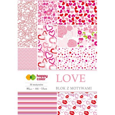 Happy Color Blok z motywami LOVE, A4, 80g, 15 arkuszy, 30 motyww 80 g 15 kartek