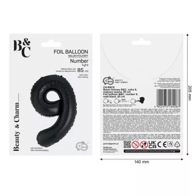 Godan Balon foliowy B&C cyfra 9 matowa czarna 85cm