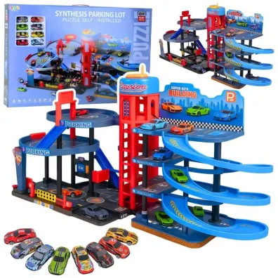 Parking z 8 metalowymi autkami tor 4 poziomy LeanToys