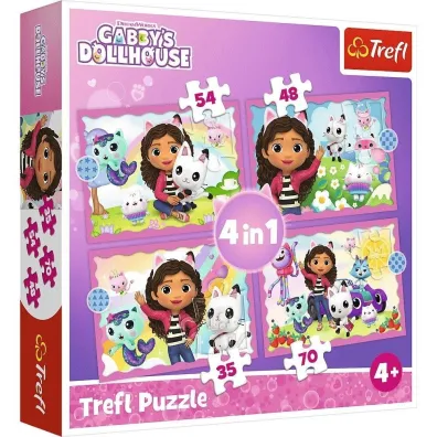 Pakiet: 300 naklejek. Koci Domek Gabi, Puzzle 4w1 - Przygody Gabi. Koci Domek Gabi (35+48+54+70 el.), Czarny Piotru� - Koci Domek Gabi, Gigantyczny notes z zadaniami. Koci Domek Gabi