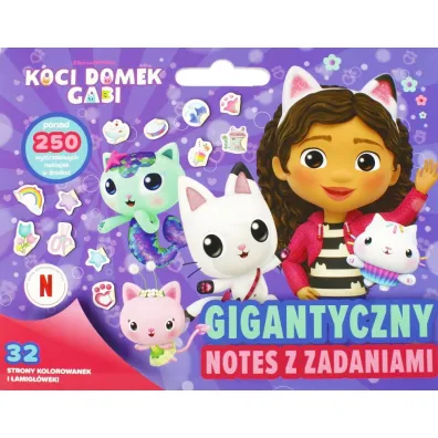 Pakiet: 300 naklejek. Koci Domek Gabi, Puzzle 4w1 - Przygody Gabi. Koci Domek Gabi (35+48+54+70 el.), Czarny Piotru� - Koci Domek Gabi, Gigantyczny notes z zadaniami. Koci Domek Gabi