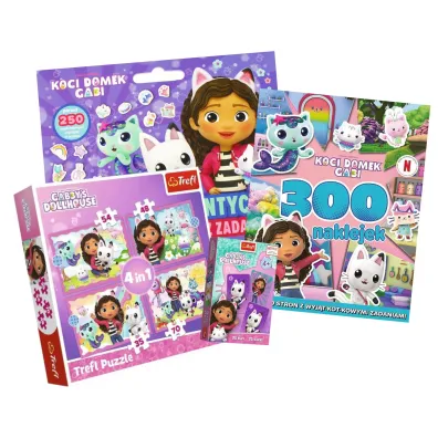 Pakiet: 300 naklejek. Koci Domek Gabi, Puzzle 4w1 - Przygody Gabi. Koci Domek Gabi (35+48+54+70 el.), Czarny Piotru� - Koci Domek Gabi, Gigantyczny notes z zadaniami. Koci Domek Gabi
