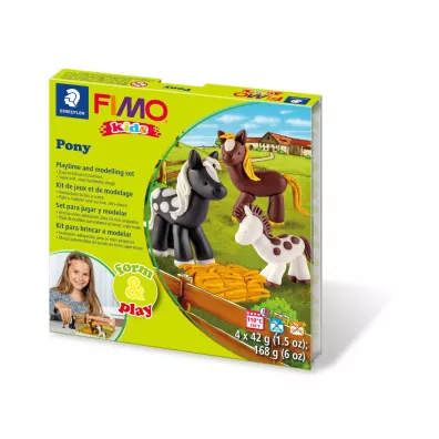 Staedtler Fimo Masa plastyczna termoutwardzalna Kids, Form&Play Kucyki, 42g, 4 kostki, zestaw z akcesoriami 4x42g