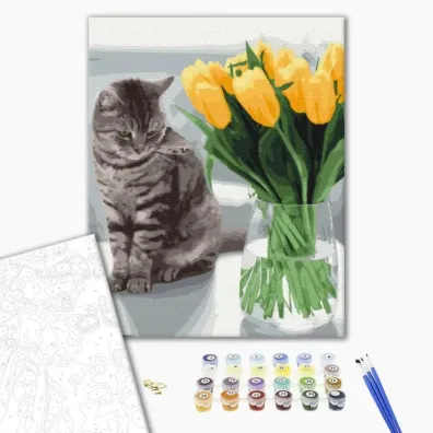 Brushme Malowanie po numerach - Kot z tulipanami 40x50cm