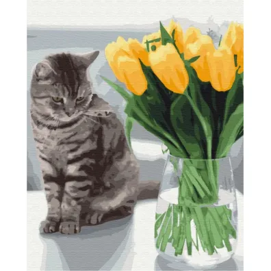 Brushme Malowanie po numerach - Kot z tulipanami 40x50cm