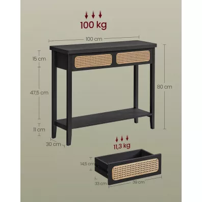 Songmics Czarna konsola z rattanowymi szufladami