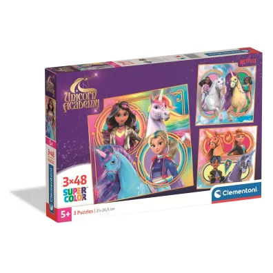 Puzzle 3x 48 el. SuperColor. Unicorn Academy Clementoni