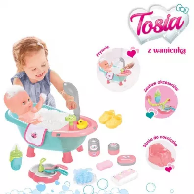 Lalka Tosia z wanienk� w szaro-niebieskim ubranku Askato