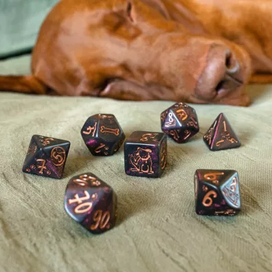DOGS Dice Set: Luna, kostki do gry, czarne z fioletowym brokatem Q-Workshop