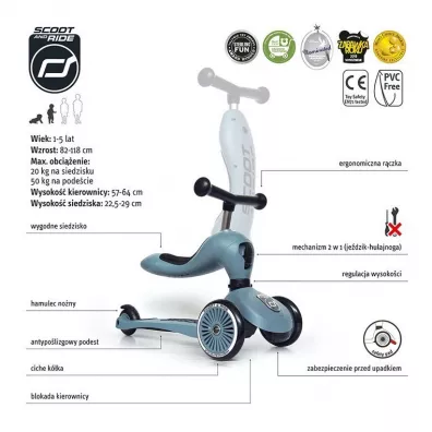 Highwaykick 1 2w1 Jedzik i hulajnoga trjkoowa 1-5 lat Steel Scootandride