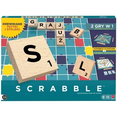 Scrabble Drewniane p�ytki i stojaki Rodzinna gra Mattel