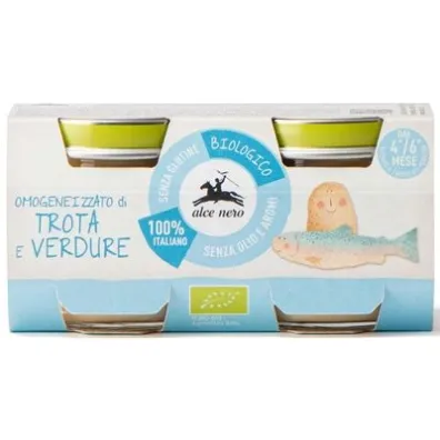 Alce Nero Krem z pstr�ga z warzywami bezglutenowy od 4 miesi�ca 2 x 80 g Bio