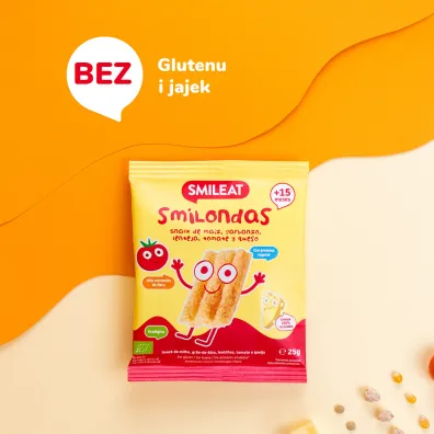 Smileat Smilondas, Chrupki z ciecierzycy, kukurydzy i soczewicy, pomidorowo-serowe 15 m+ 25 g Bio