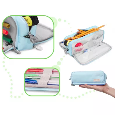 Pirnik szkolny trzykomorowy do szkoy kosmetyczka 3w1 niebieska