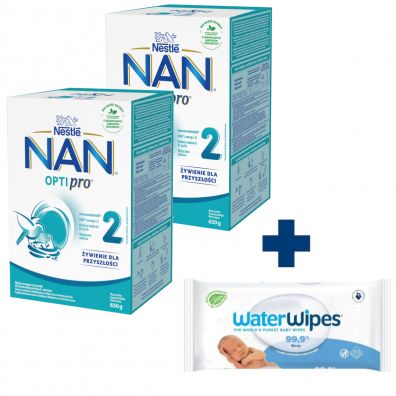 Nestle Nan Optipro 2 Mleko następne dla niemowląt po 6 miesiącu + Waterwipes Chusteczki nawilżane gratis Zestaw 2 x 650 g + 60 szt.