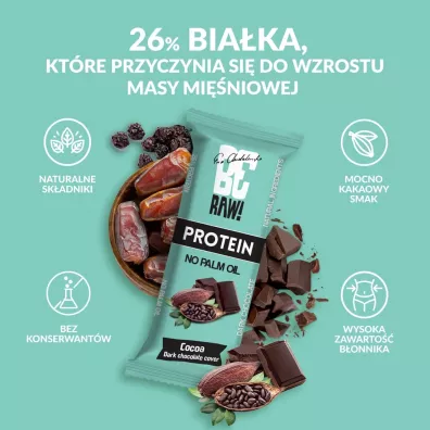 BeRaw Baton protein - surowe kakao w gorzkiej czekoladzie 40 g
