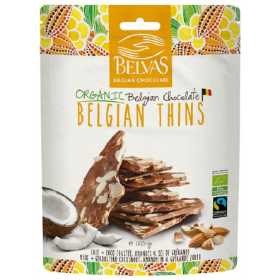 Belvas Kawałki czekolady mlecznej z migdałami i kokosem fair trade bezglutenowe 120 g Bio