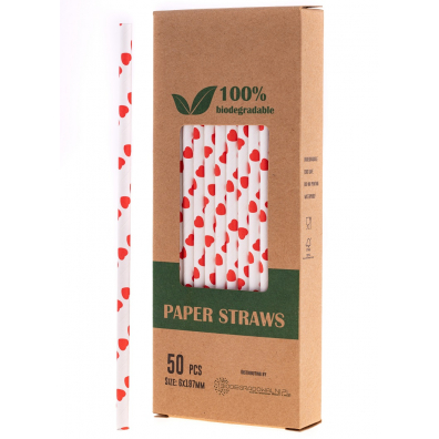 Biodegradowalni Naturalne papierowe somki do napojw Czerwone serca 19,7 x 0,6 cm 50 szt.