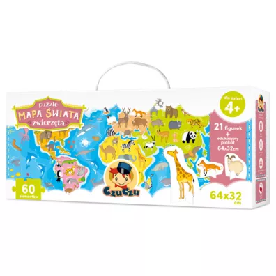 Puzzle 60 el. Mapa �wiata Zwierz�ta z figurkami Bright Junior Media