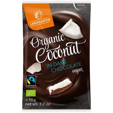 Landgarten Liofilizowany kokos w gorzkiej czekoladzie fair trade bezglutenowe 50 g bio