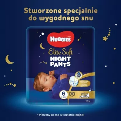 Huggies Pieluchomajtki Overnights Pants 6 (15-25kg) Elite Soft 16 szt.