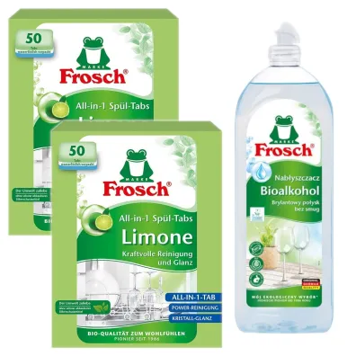Frosch Tabletki do zmywarek All in One limonkowe + Nab�yszczacz na bazie Bioalkoholu Zestaw 2 x 50 szt. + 750 ml